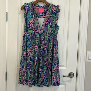 Lilly Pulitzer🌴🦩 Bright sleeveless flowy pink & blues tiger palm dress
